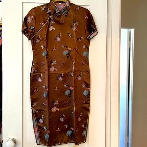NWOT Vintage Cheongsam Dress copper Silk Metal Side Zipper High Side Slits